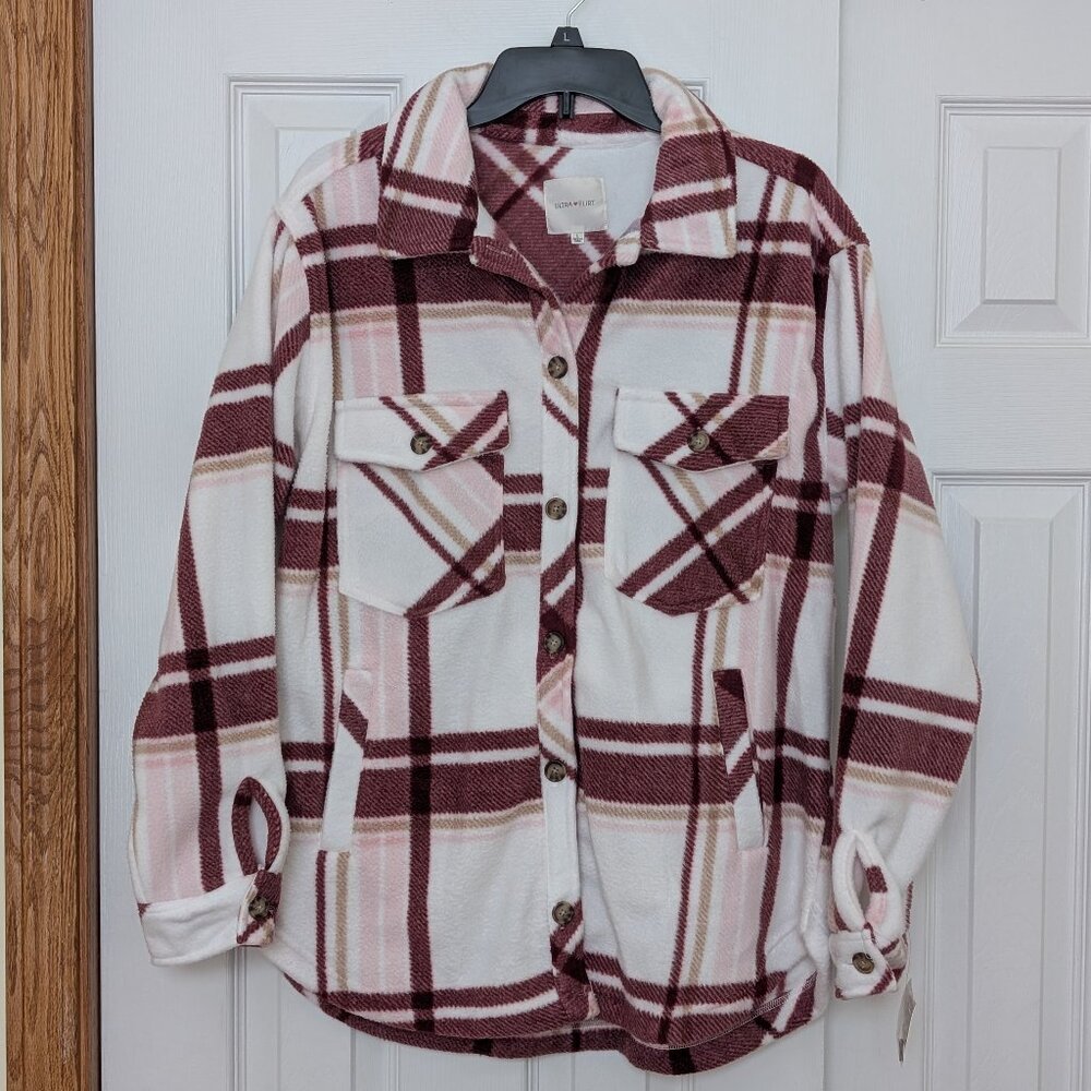 Pink, Burgundy, and White Fleece Flannel Button-up Shirt Jacket - Women's Large